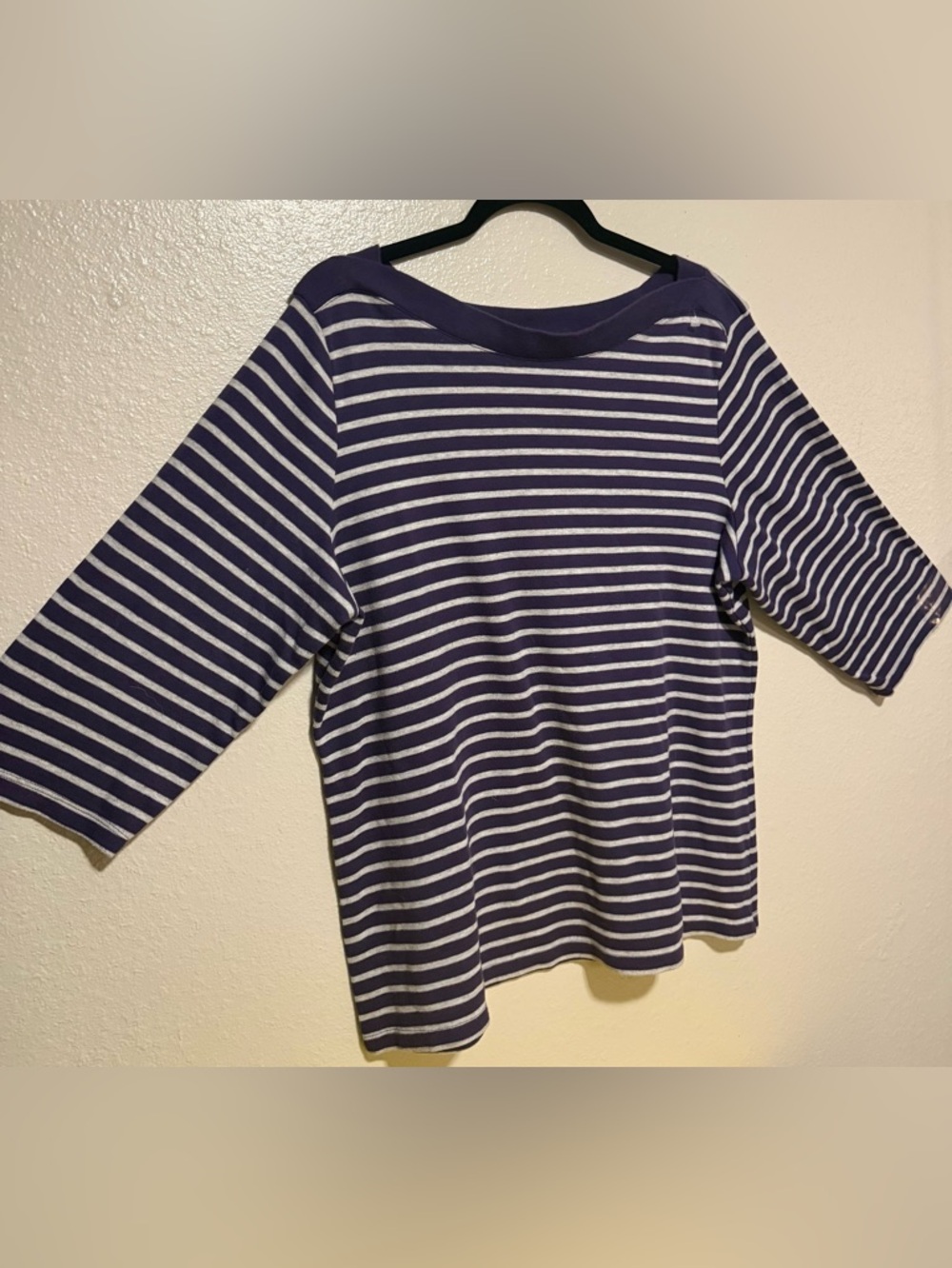 Karen Scott Purple Striped Boat Neck Top | 3/4 Sleeve Casual Tee | 1X - Picture 4 of 4